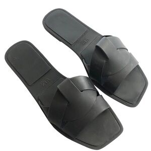 Zara Black Woven Slide Sandals with Square Toe